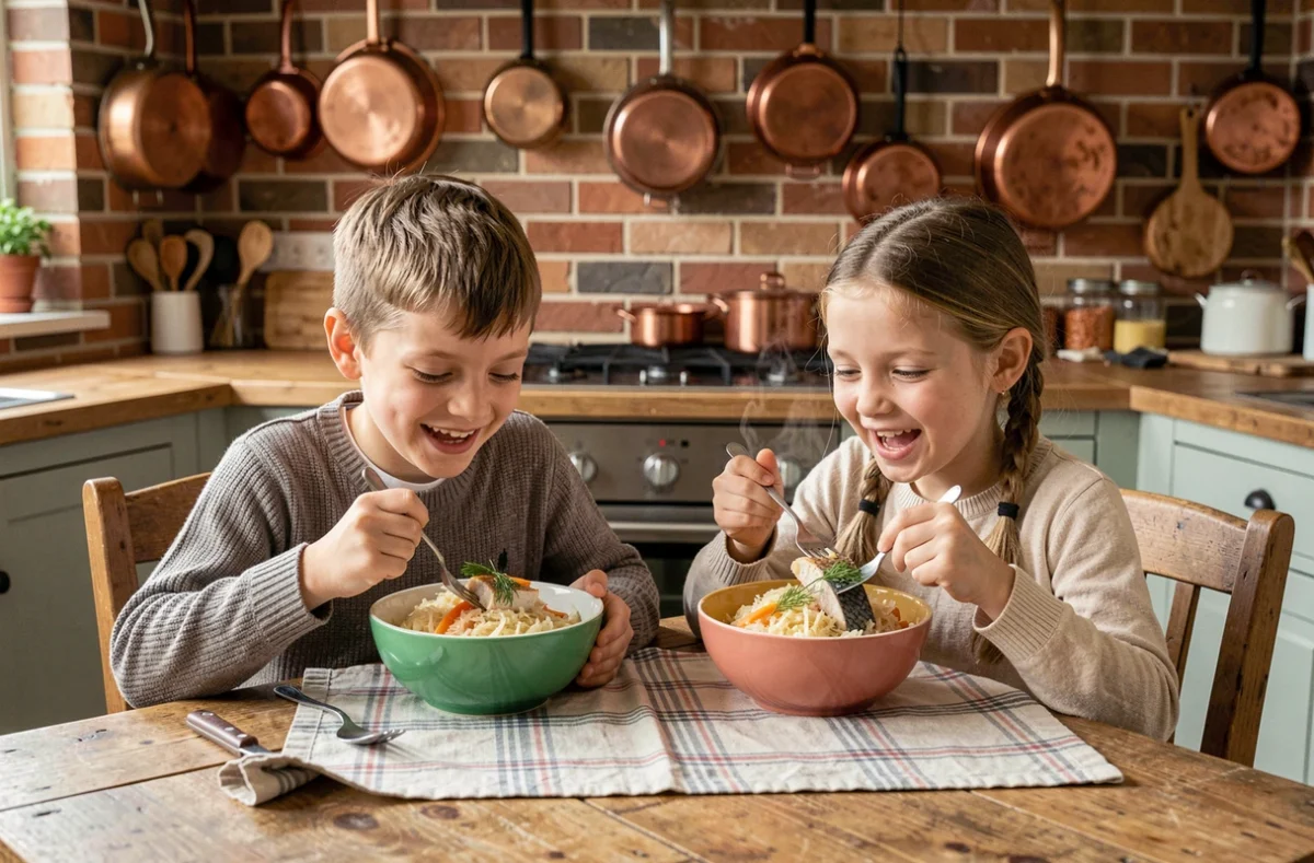 Deux enfants souriants mangeant une choucroute aux poissons dans une cuisine rustique chaleureuse en famille