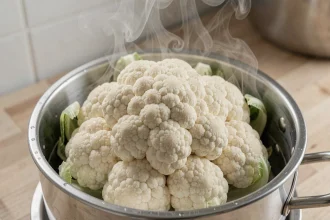 Chou-fleur entier dans un panier vapeur en inox avec buée naturelle dans une cuisine moderne