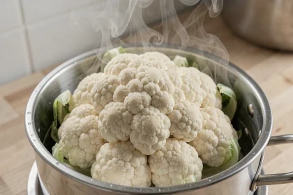 Chou-fleur entier dans un panier vapeur en inox avec buée naturelle dans une cuisine moderne