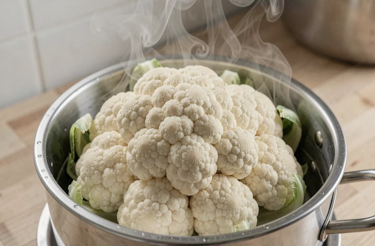 Chou-fleur entier dans un panier vapeur en inox avec buée naturelle dans une cuisine moderne