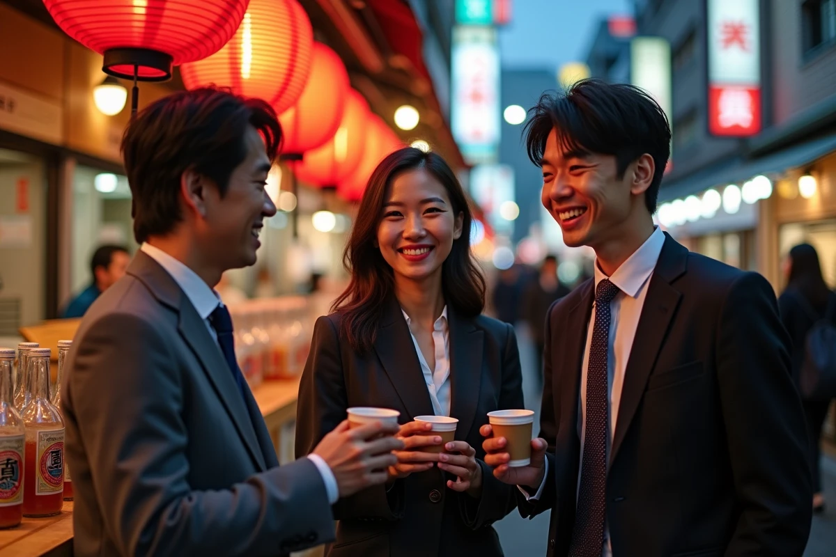Trois collègues japonais tenant des tasses de soupe miso devant un stand de rue à Osaka avant de boire de la bière, lanternes rouges en arrière-plan