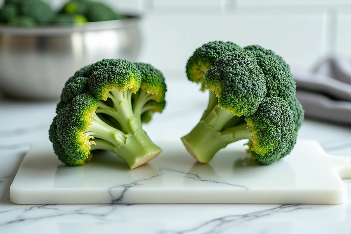 Comparaison côte à côte d'un brocoli frais et d'un brocoli vieilli et jauni sur une planche en marbre blanc, illustrant les signes de détérioration