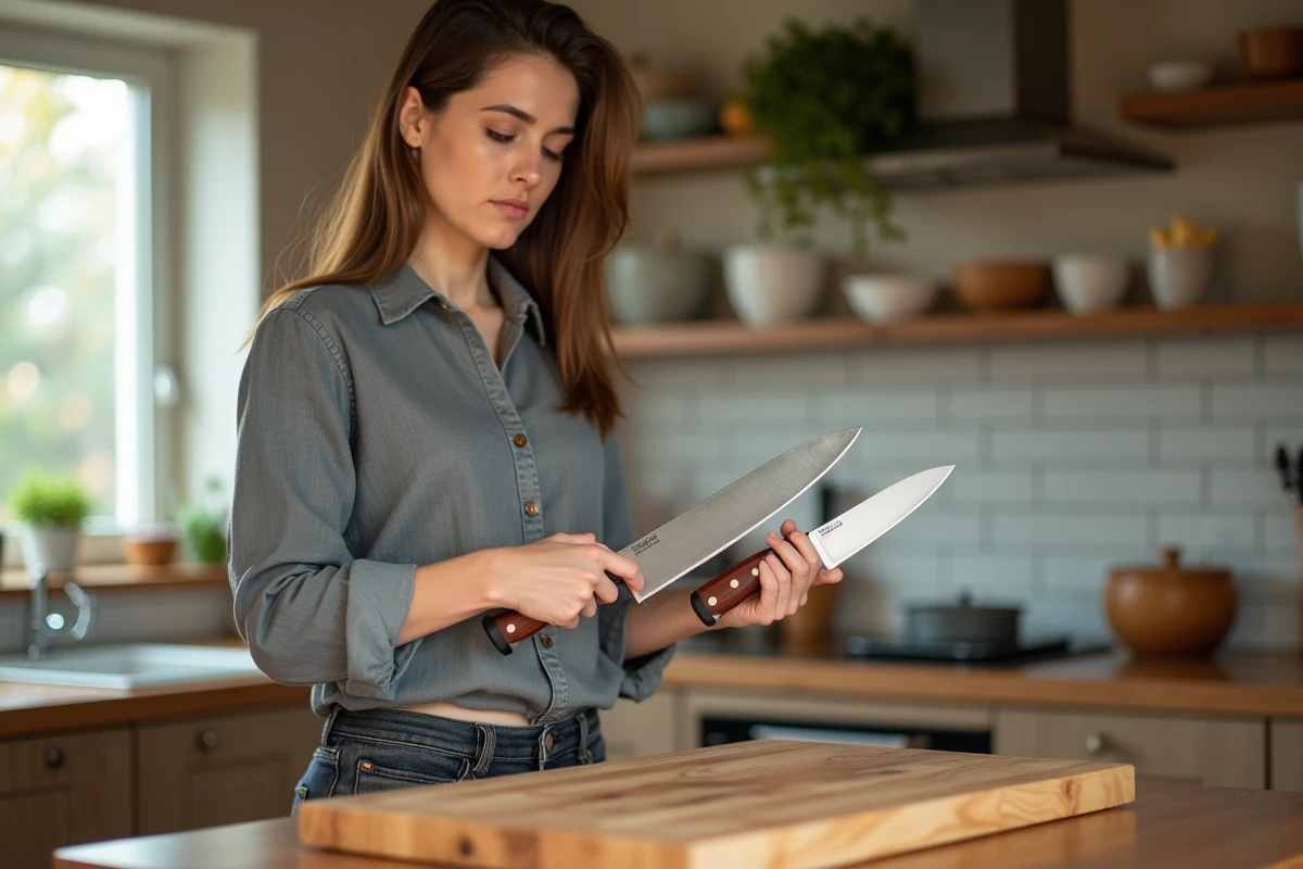 Femme comparant deux couteaux de cuisine côte à côte sur un plan de travail en bois dans une cuisine moderne