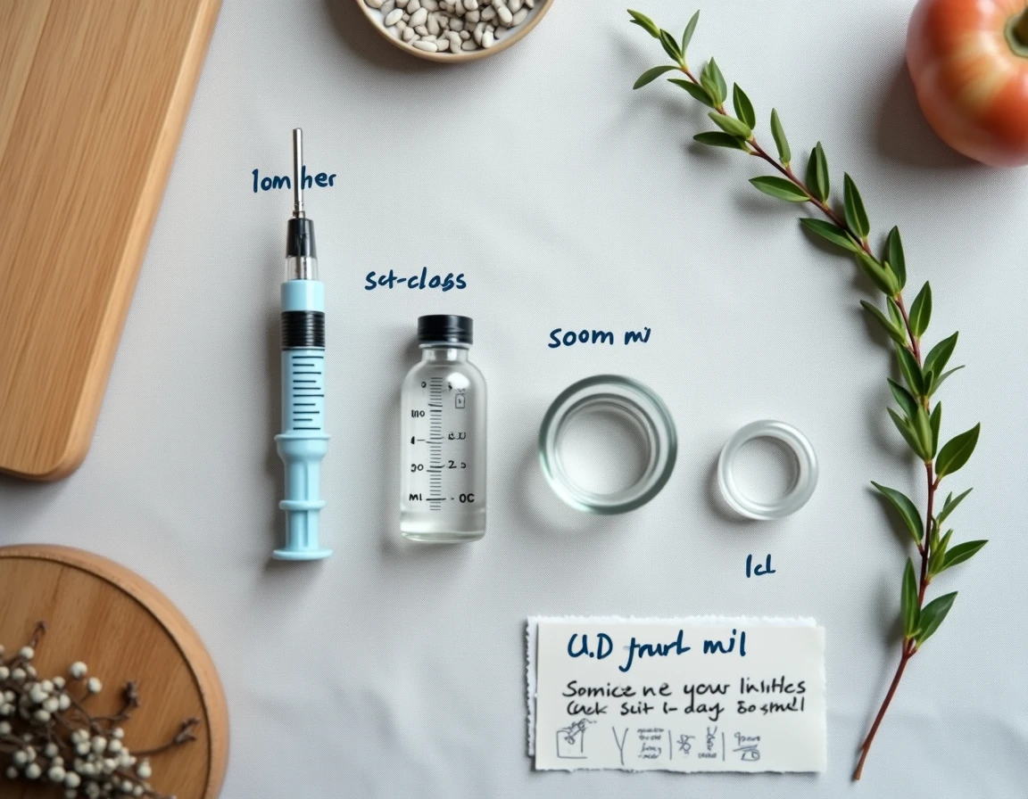 Comparaison de récipients doseurs en millilitres et centilitres disposés en rangée sur nappe en lin gris, vue de dessus
