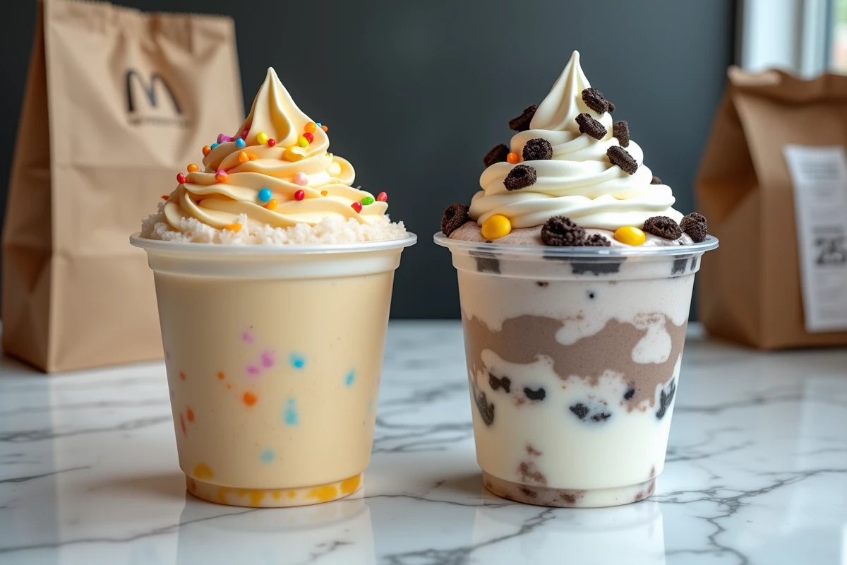 Comparaison de deux McFlurry McDo éditions spéciales sur une table en marbre avec ticket de caisse