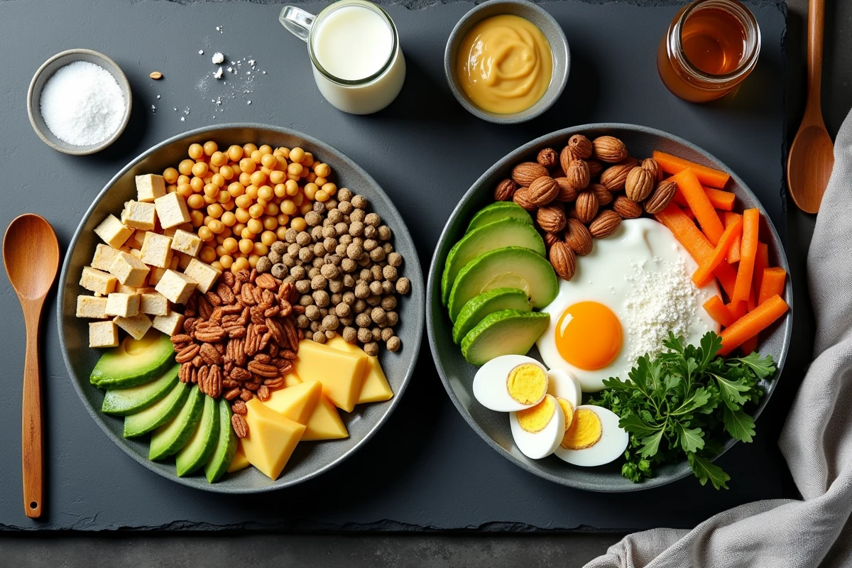 Vue de dessus comparant un repas végétalien et un repas végétarien côte à côte sur une ardoise, avec tofu, légumineuses, œufs et produits laitiers