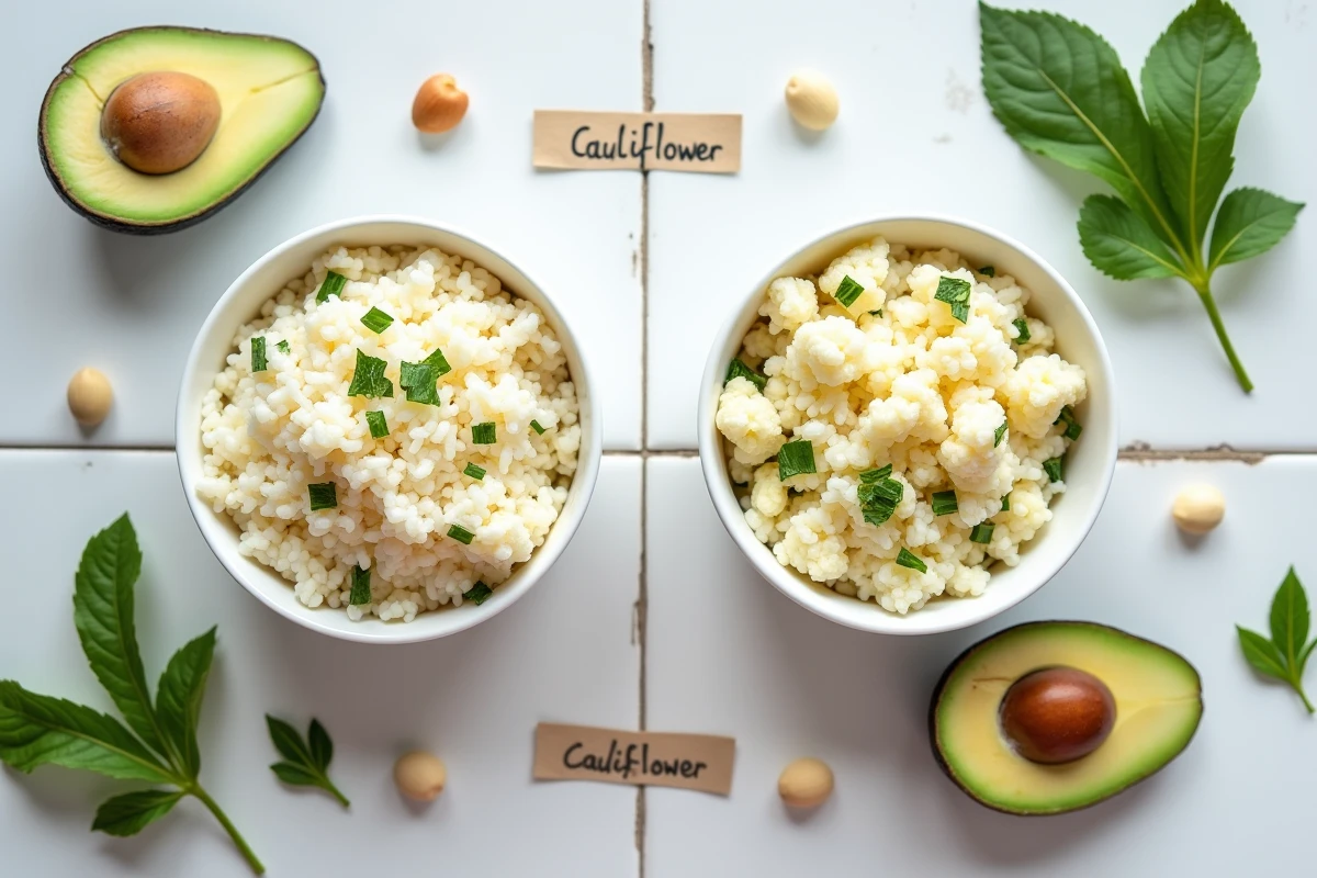 Comparaison côte à côte du riz jasmin et du riz de chou-fleur sur fond blanc avec des aliments keto comme l'avocat et les noix de macadamia