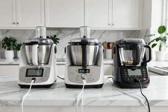 Comparaison de trois robots cuiseurs dont un Thermomix posés côte à côte sur un plan de travail en marbre dans une cuisine moderne