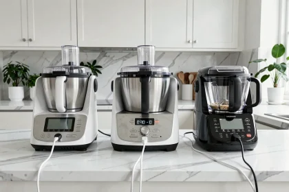 Comparaison de trois robots cuiseurs dont un Thermomix posés côte à côte sur un plan de travail en marbre dans une cuisine moderne