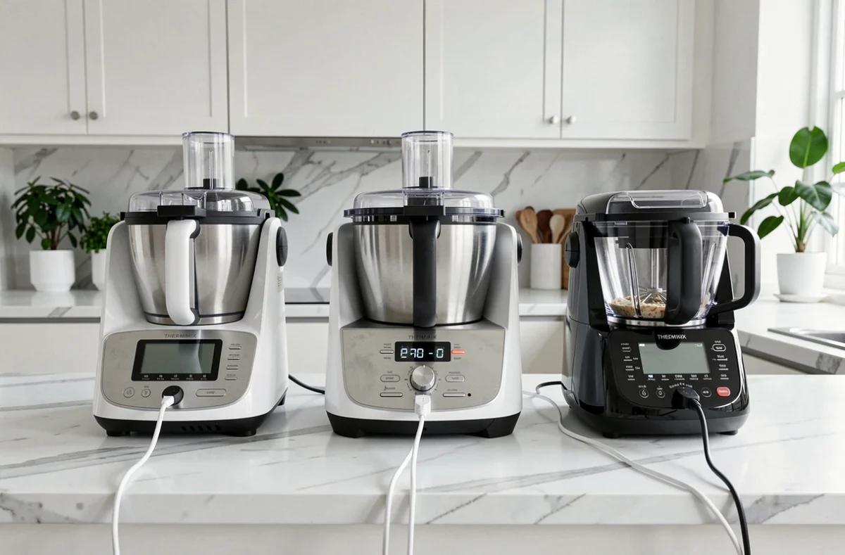 Comparaison de trois robots cuiseurs dont un Thermomix posés côte à côte sur un plan de travail en marbre dans une cuisine moderne