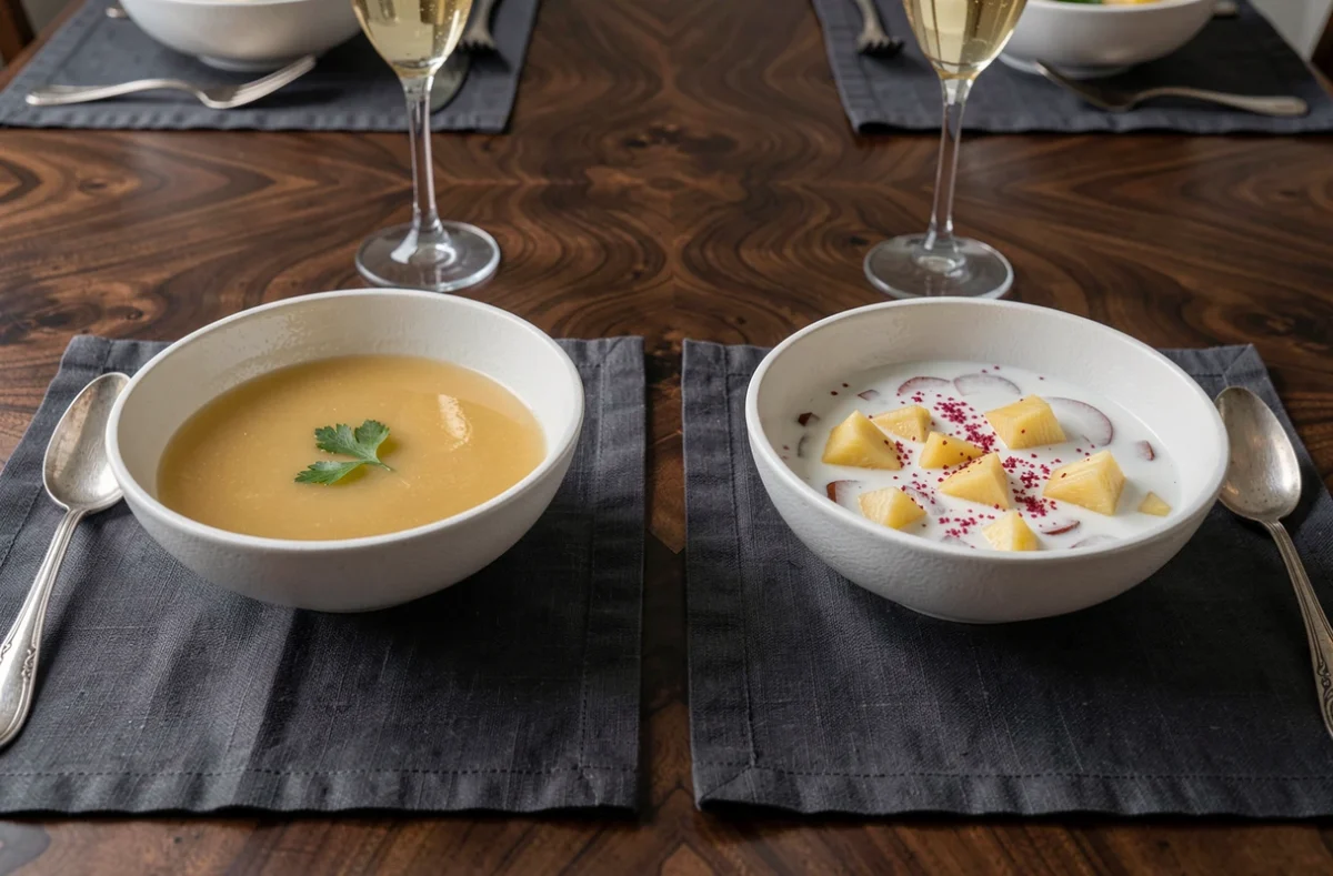 Comparaison de deux versions de soupe champagne côte à côte, version classique et version exotique à l'ananas et lait de coco, sur une table en noyer