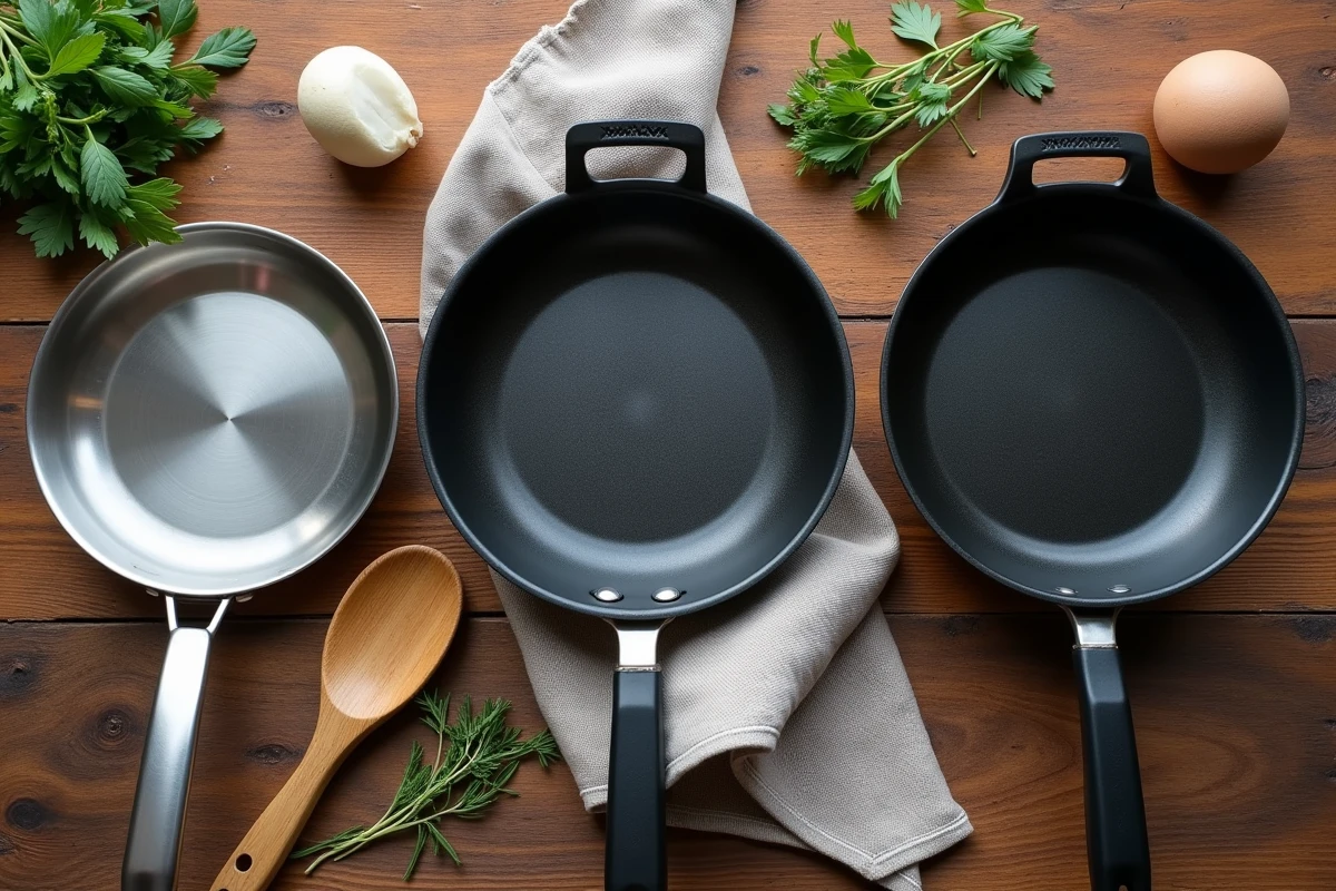 Comparaison de trois types de poêles de cuisine : inox, antiadhésive et acier carbone posées sur une table en bois rustique