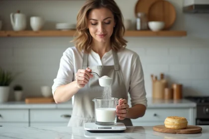 Femme versant du sucre d'une balance de cuisine dans un verre doseur gradué en centilitres sur un plan de travail en marbre