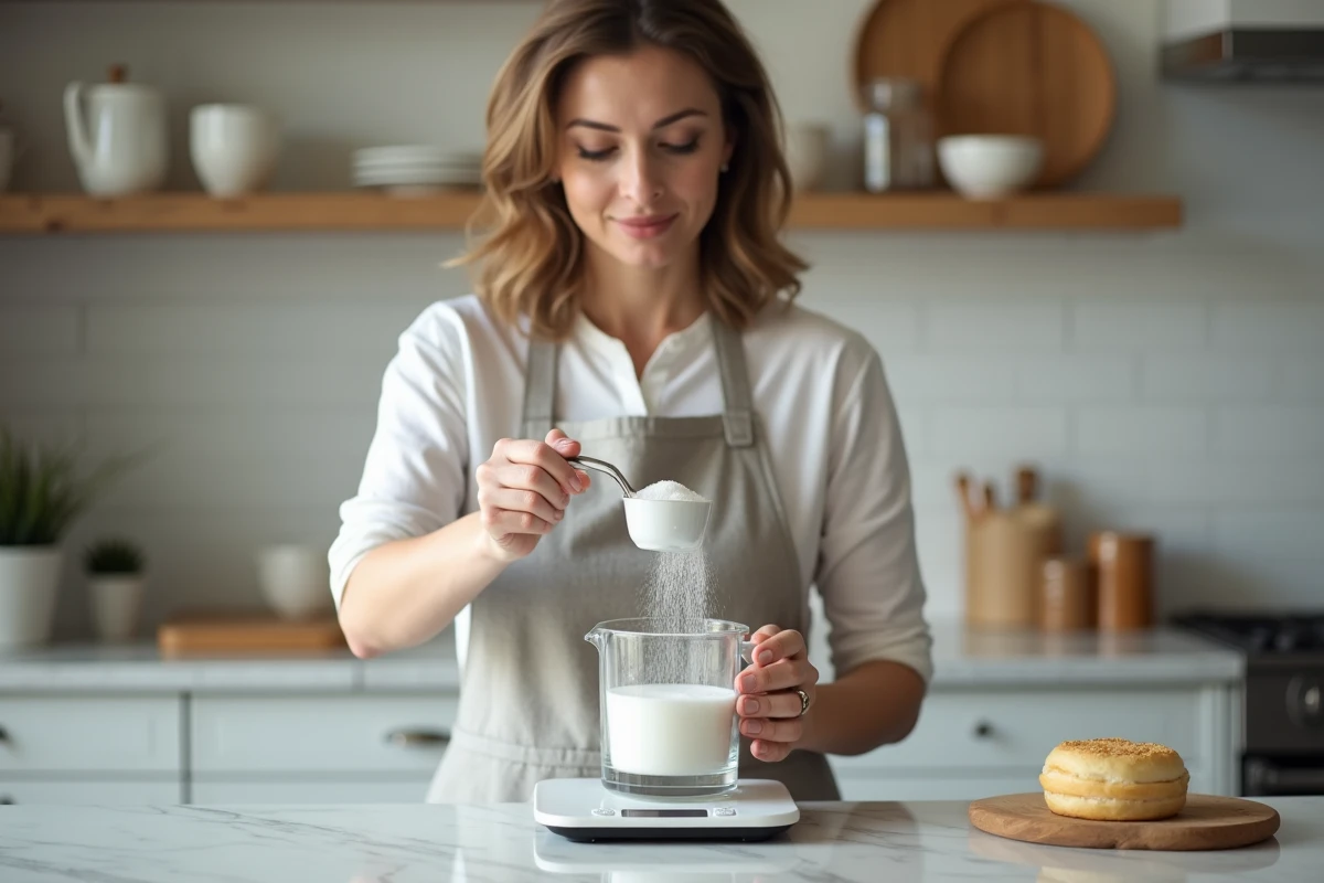Femme versant du sucre d'une balance de cuisine dans un verre doseur gradué en centilitres sur un plan de travail en marbre