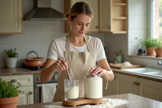Femme versant de la farine dans un verre doseur sur une balance de cuisine en bois, illustrant la conversion grammes en millilitres