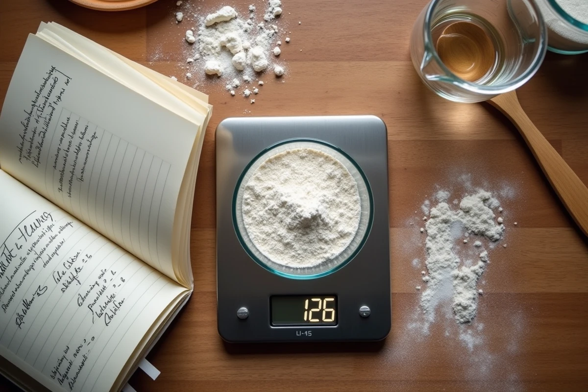 Vue de dessus d'une balance de cuisine avec 125 grammes de farine, un carnet de conversion et un verre doseur sur une table en bois