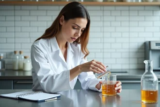 Femme en blouse blanche versant du liquide dans un pichet gradué en millilitres et litres sur un plan de travail de laboratoire