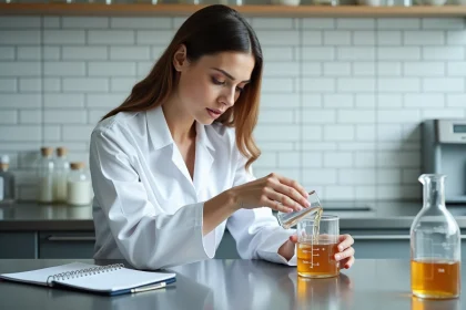 Femme en blouse blanche versant du liquide dans un pichet gradué en millilitres et litres sur un plan de travail de laboratoire