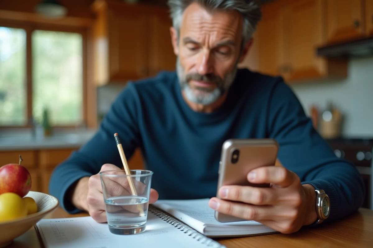 Homme utilisant une application convertisseur millilitre en litre sur smartphone avec une tasse à mesurer posée sur une table de cuisine en bois