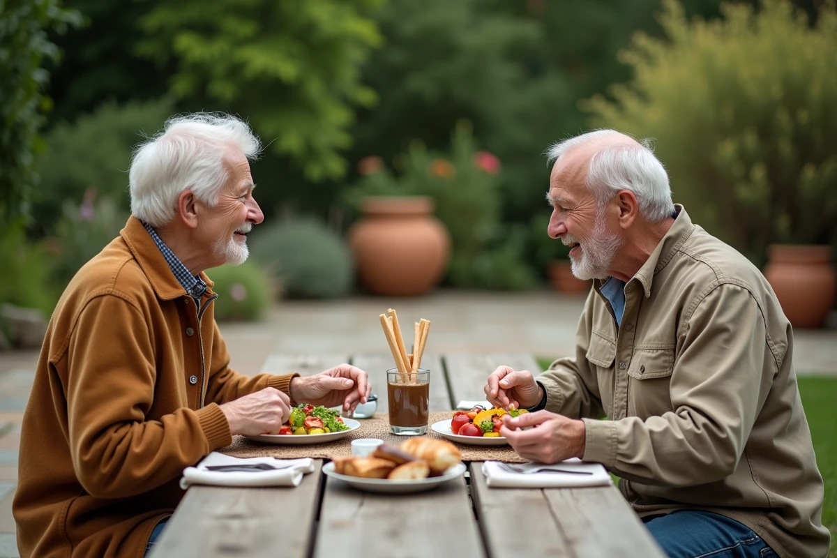 Couple de personnes âgées mangeant ensemble en plein air dans un jardin, illustrant les habitudes alimentaires et la posture à table