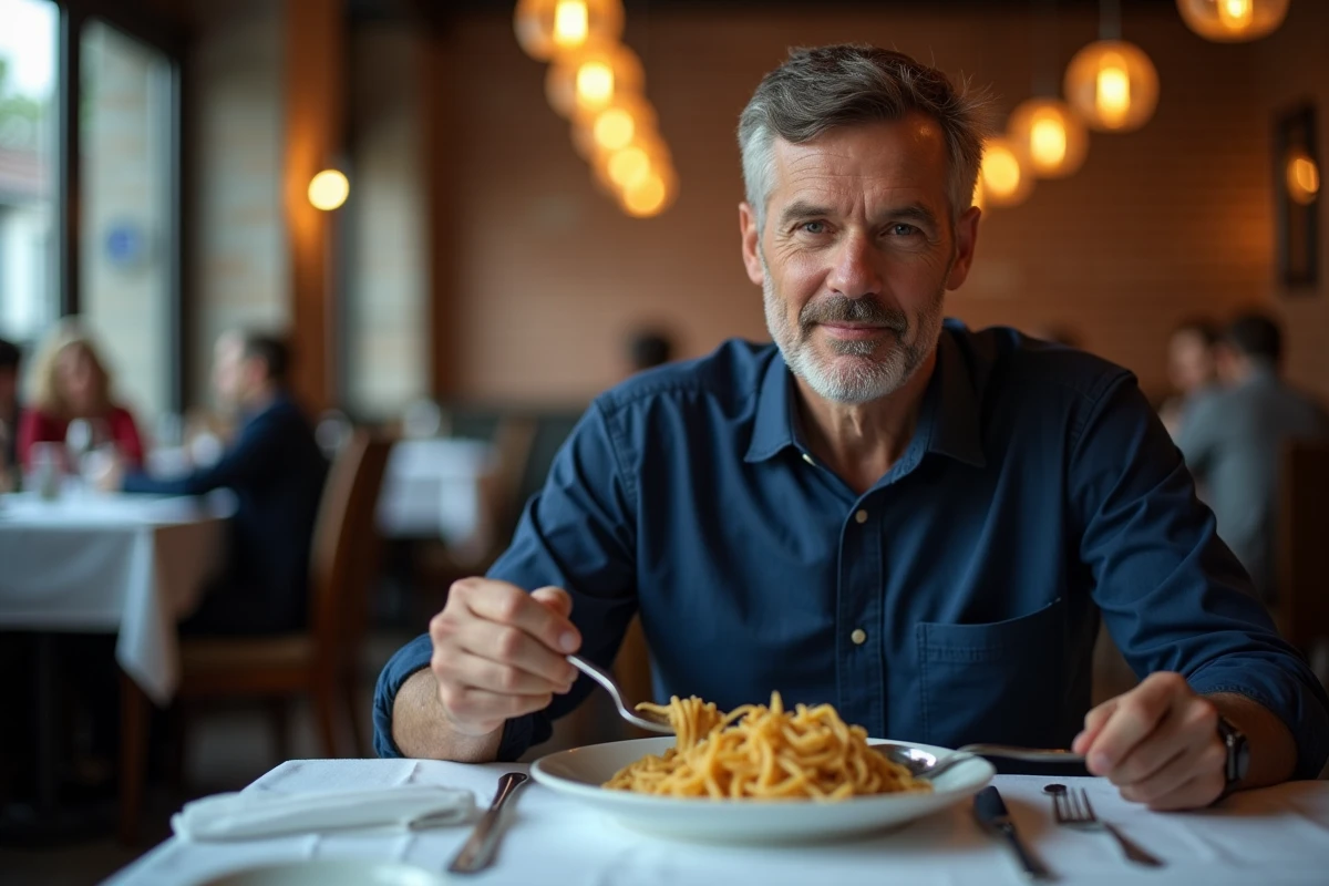 Homme assis au restaurant mangeant des pâtes, posture naturelle légèrement tournée sur le côté droit, ambiance bistrot