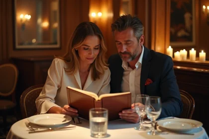 Couple élégant consultant le menu d'un restaurant raffiné à Paris, ambiance brasserie chic près de Rivoli