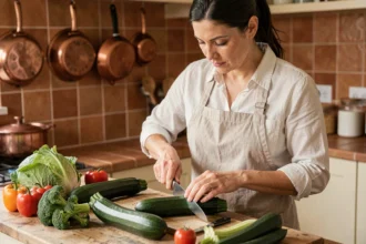 Femme qui coupe une courgette fraîche sur un plan de travail en bois dans une cuisine rustique