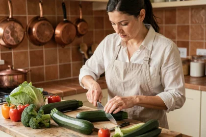 Femme qui coupe une courgette fraîche sur un plan de travail en bois dans une cuisine rustique