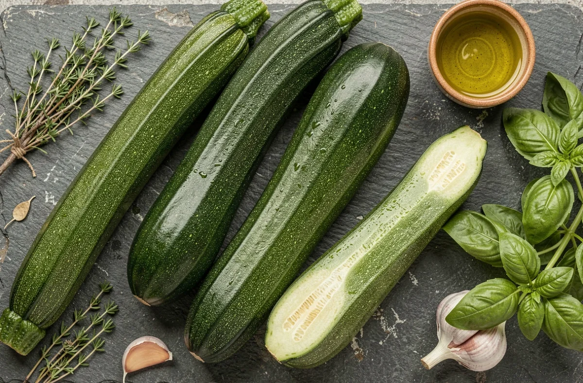 Vue du dessus de courgettes fraîches entières et coupées avec des herbes aromatiques sur une ardoise