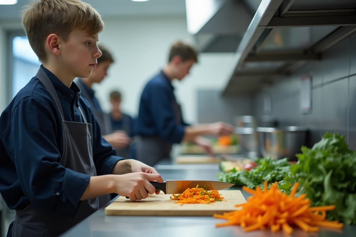 Adolescent en cours de cuisine professionnelle apprenant à découper des légumes sous la supervision d'un chef