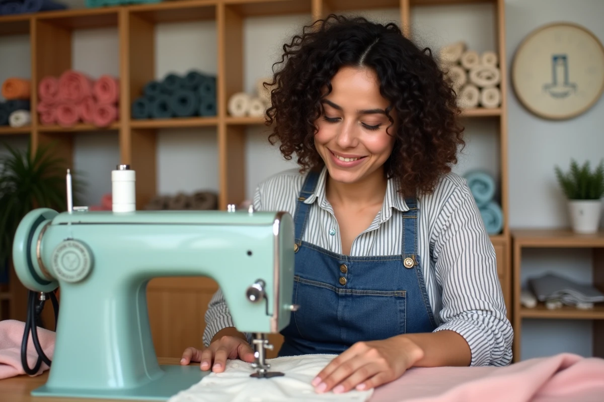 Femme utilisant une machine à coudre pour assembler un pad menstruel réutilisable fait maison
