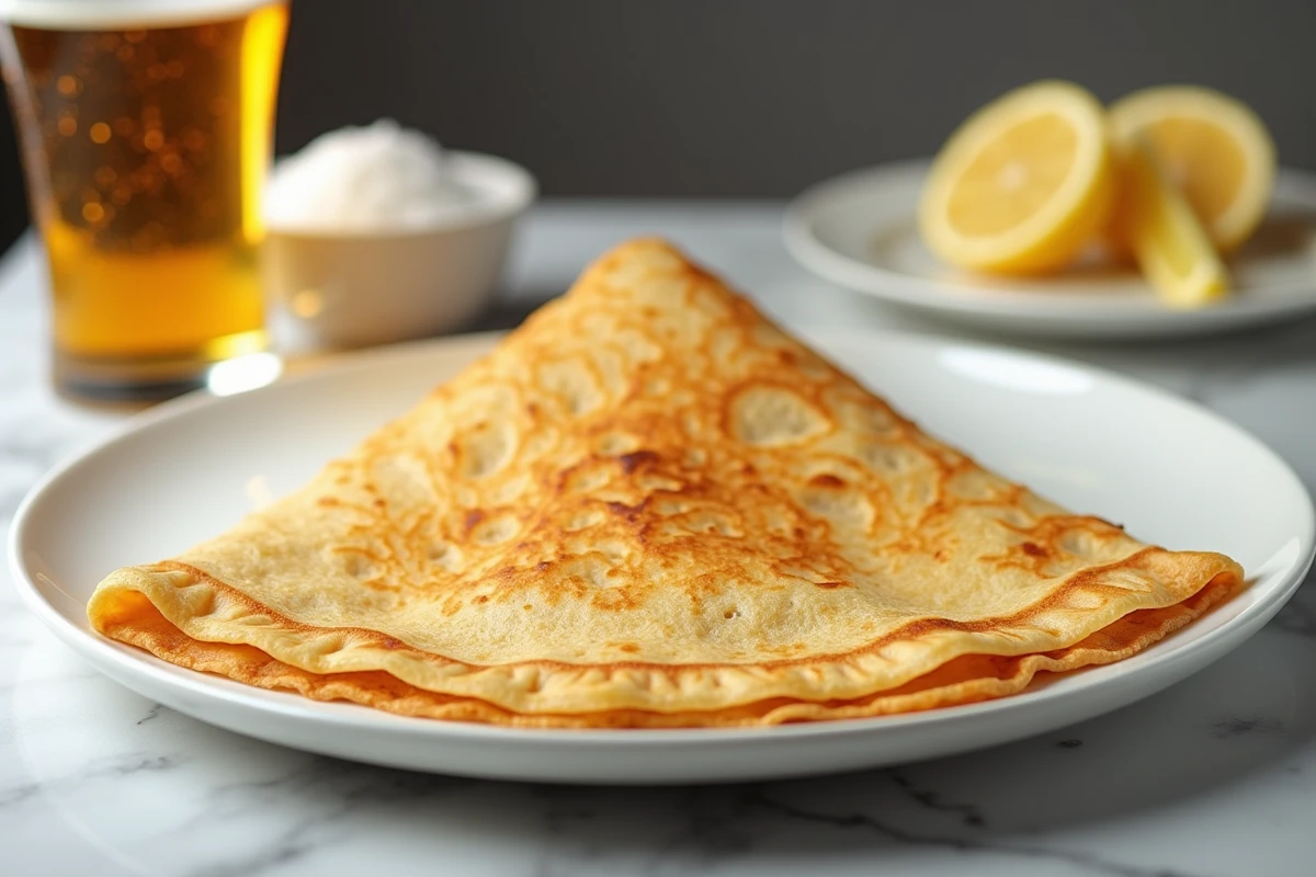 Crêpe dorée pliée en triangle sur assiette blanche avec un verre de bière ambrée sur marbre