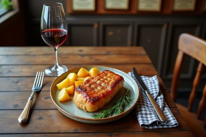 Assiette de crépinette de porc traditionnelle servie dans un bistrot français avec pommes sarladaises et thym frais