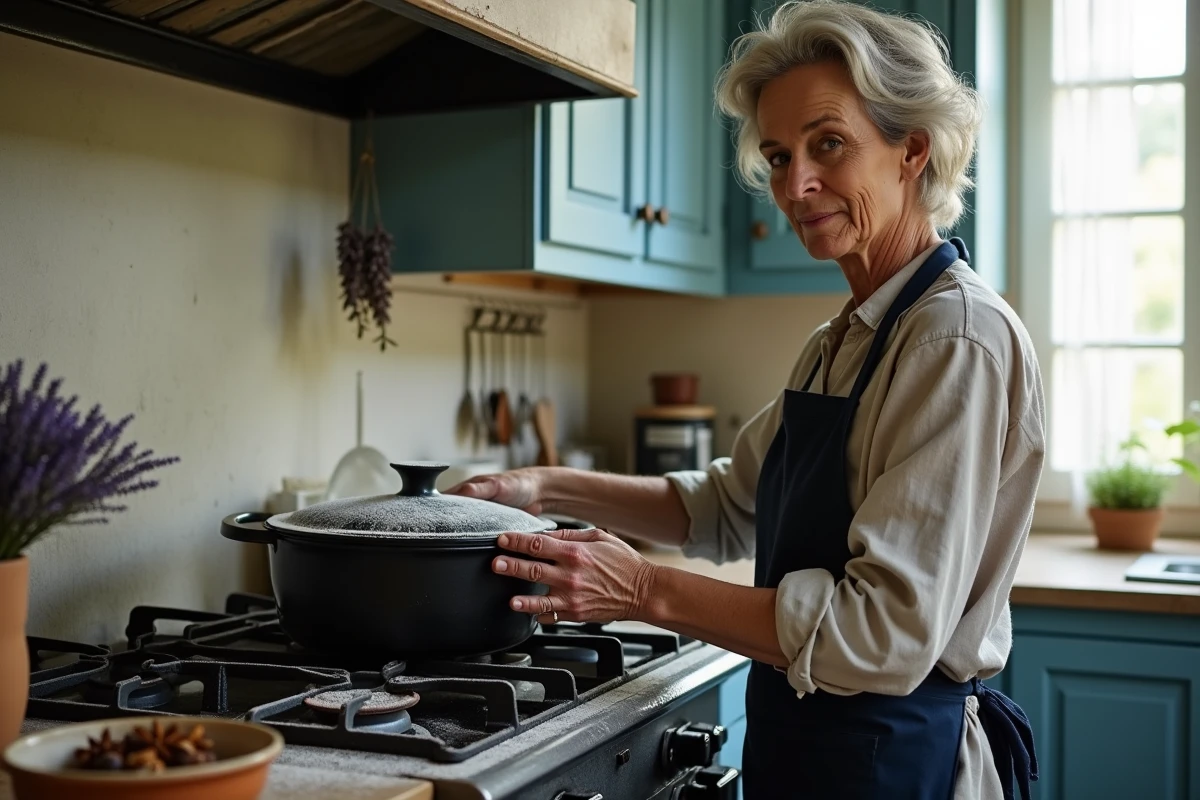 Cuisinière française d'âge mûr replaçant le couvercle d'une cocotte en fonte fumante sur une cuisinière à gaz vintage dans une cuisine provinciale