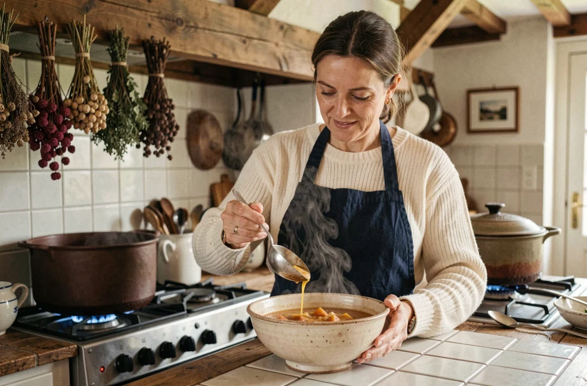 Femme cuisinant une potée maison et servant le bouillon fumant dans un bol en céramique rustique dans une cuisine de ferme française