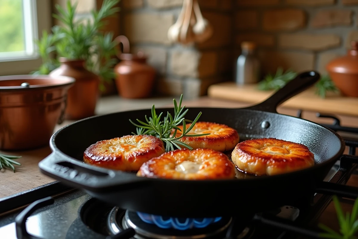 Crépinettes de porc dorées en train de cuire dans une poêle en fonte sur une cuisinière à gaz dans une cuisine rustique française
