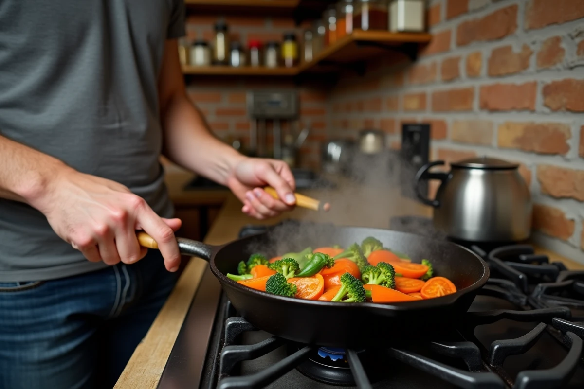Homme cuisinant des légumes dans une poêle en fonte assaisonnée sur un fourneau à gaz, cuisine rustique