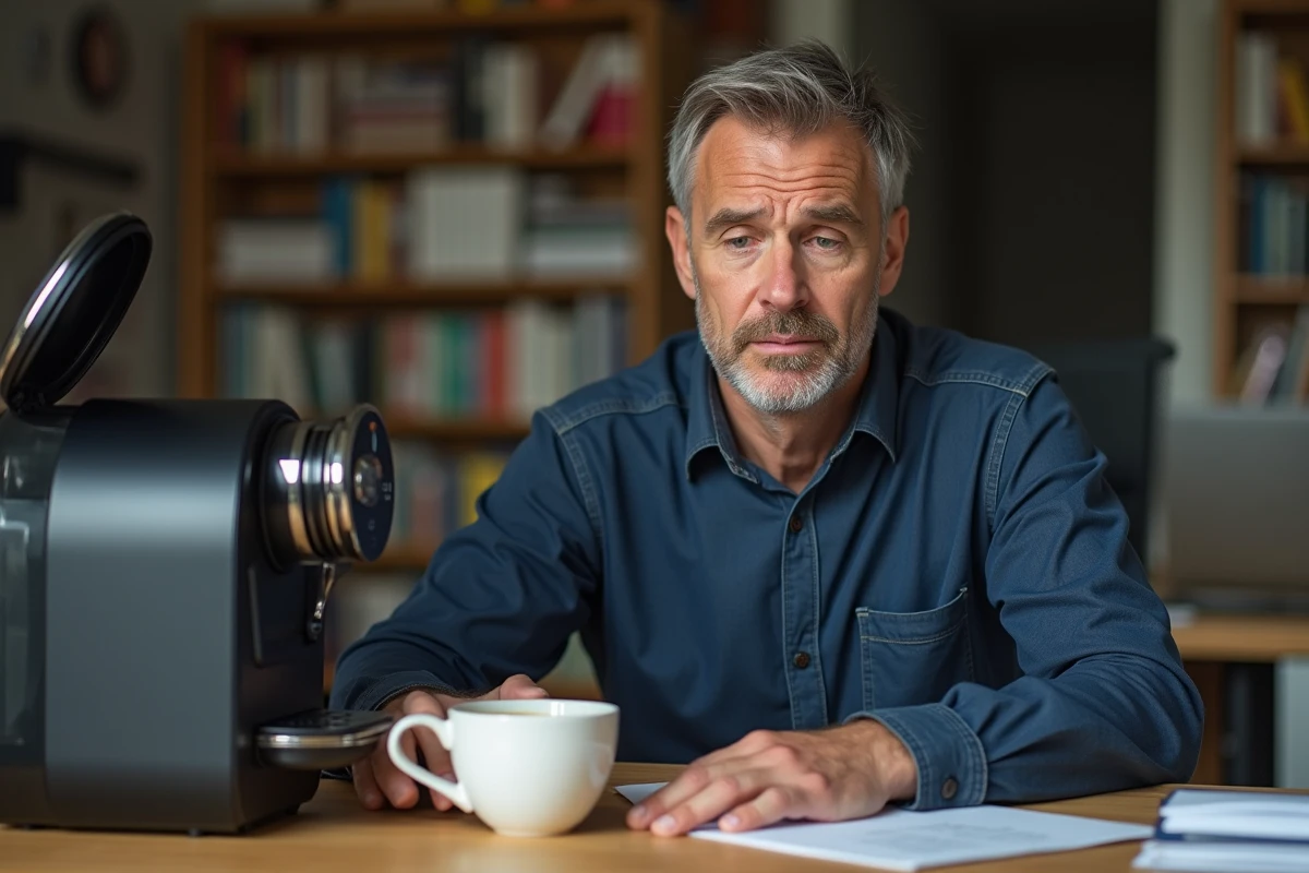 Homme en télétravail regardant avec déception une tasse de café fade préparée par une cafetière à dosettes souples dans un bureau à domicile