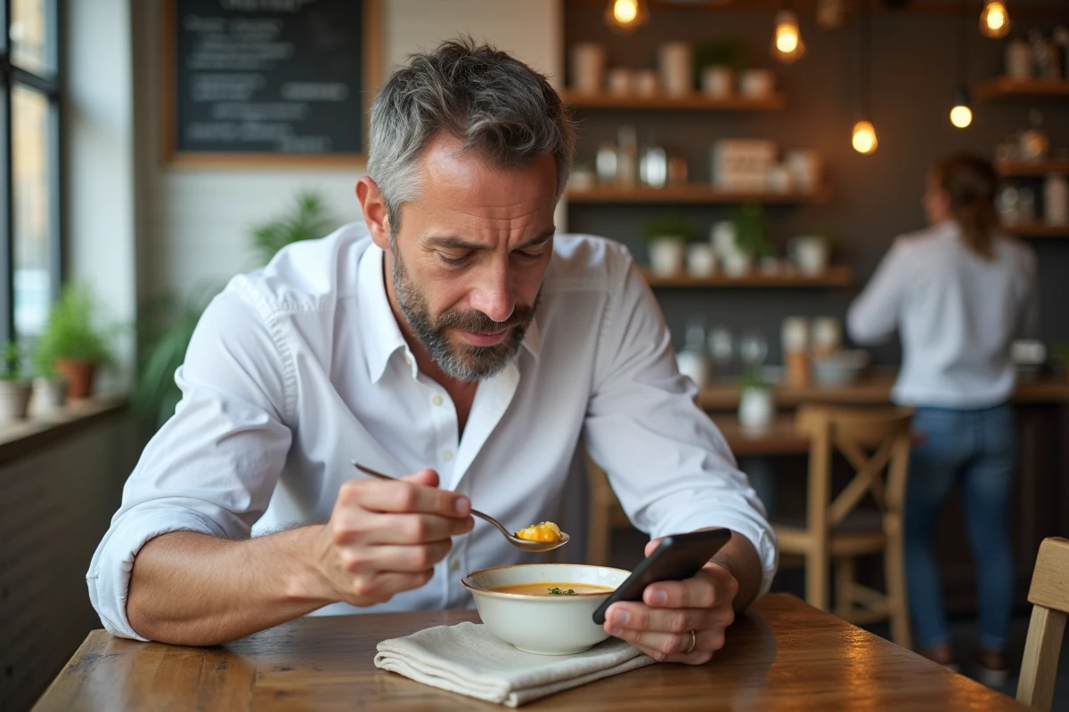Homme en train de déguster et évaluer une soupe artisanale dans une brasserie décontractée pour une critique gastronomique