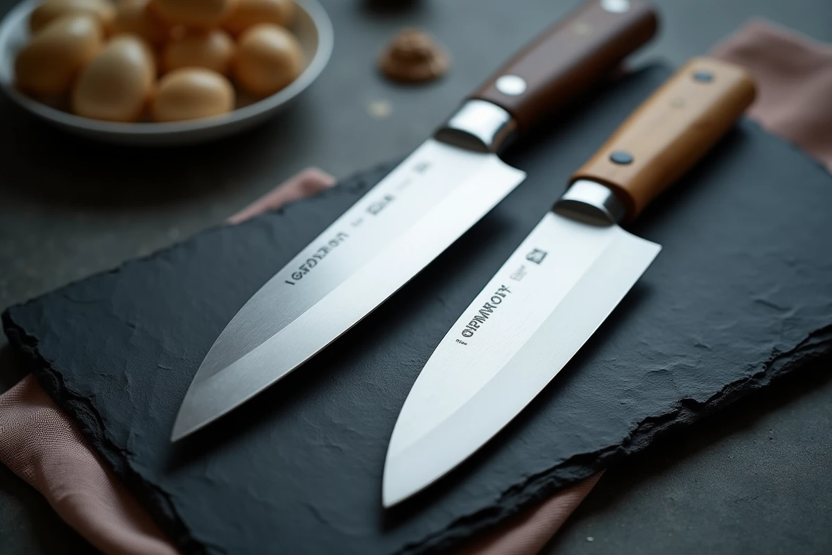 Détail de trois couteaux de cuisine haut de gamme sur ardoise noire mettant en valeur la qualité des lames et des manches