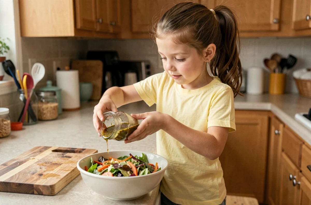 Petite fille versant une vinaigrette maison douce sur une salade colorée dans une cuisine familiale