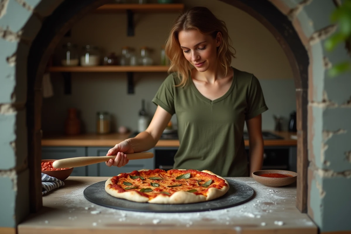 Femme enfournant une pizza crue sur une pierre chaude avec une pelle à pizza en bois
