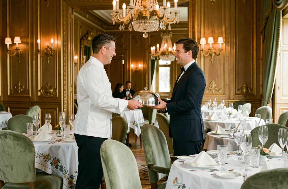 Salle somptueuse du restaurant Épicure à l'Hôtel Le Bristol Paris avec décor doré et service raffiné
