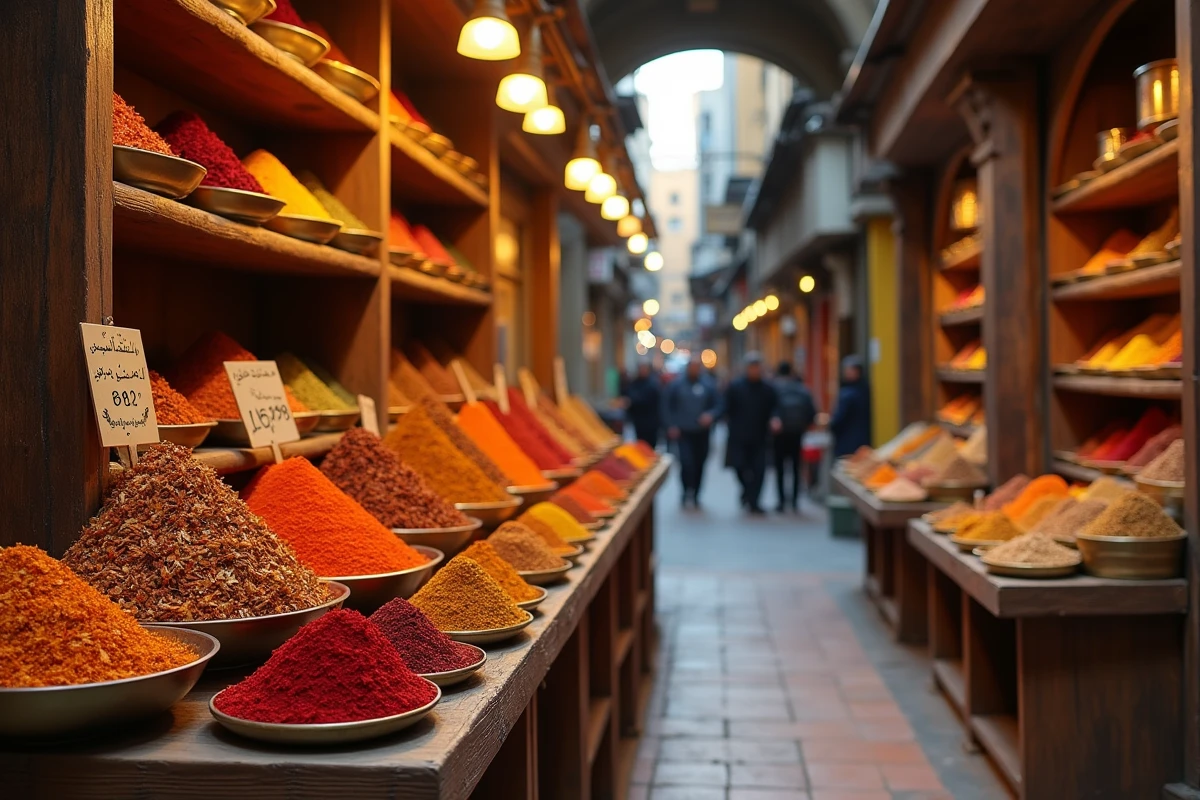 Étal de marché traditionnel dans un bazar iranien présentant du safran premium en bocaux de verre et plats en laiton avec étiquettes de prix