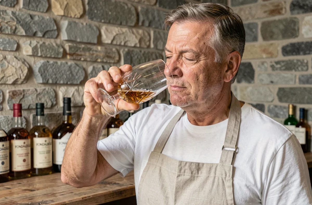 Expert en dégustation évaluant un verre de whisky français Fondaudège dans une salle de dégustation artisanale en pierre