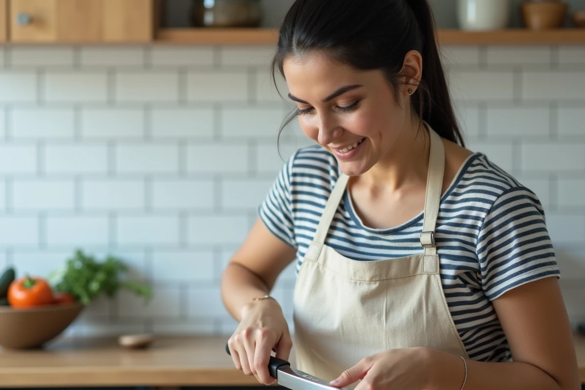 Femme aiguisant un couteau de cuisine avec un fusil à aiguiser dans une cuisine moderne à la maison