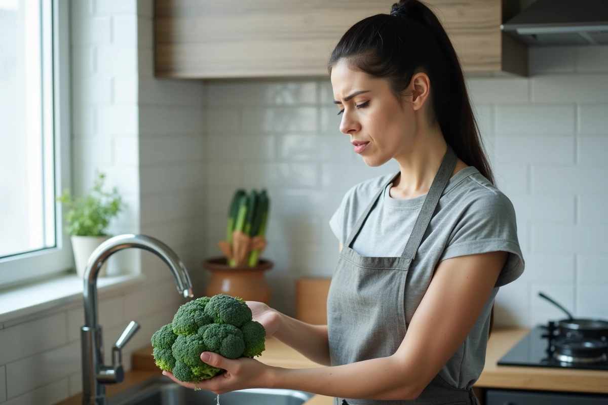 Femme tenant un brocoli à bout de bras avec une expression dubitative, semblant détecter une mauvaise odeur dans sa cuisine