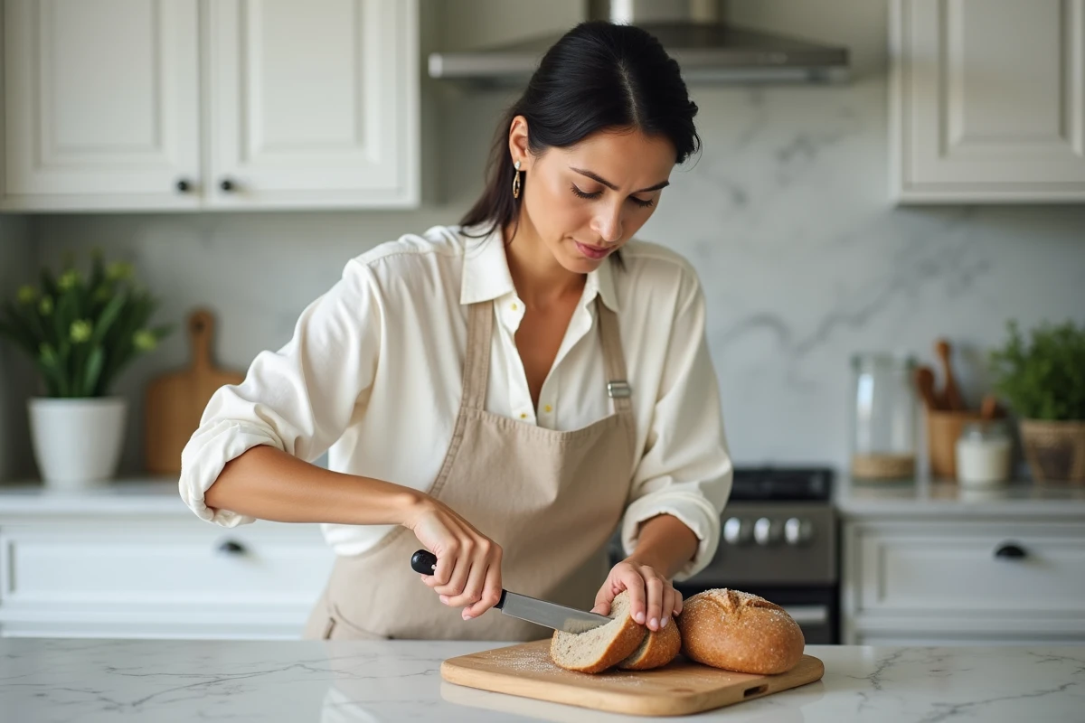 Femme découpant un pain complet au levain à faible index glycémique dans une cuisine moderne