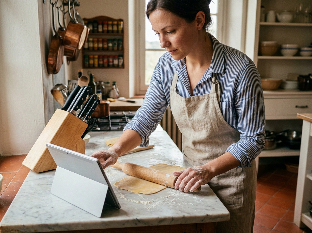 Femme suivant un cours de cuisine en ligne sur tablette tout en préparant des pâtes fraîches dans sa cuisine