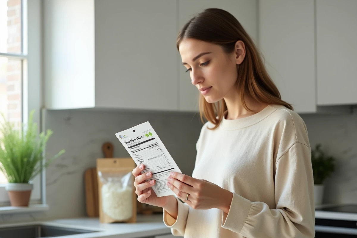 Femme lisant une étiquette nutritionnelle sur du riz dans une cuisine moderne, en comparaison avec du riz de chou-fleur, pour un régime keto